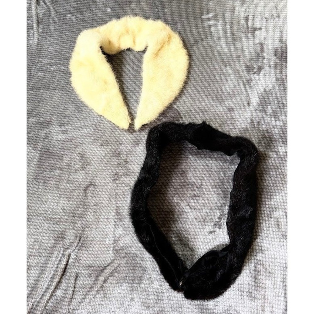 Vintage Genuine Mink Fur Collar Set Cream and Black Wrap Scarf with Clip Closure